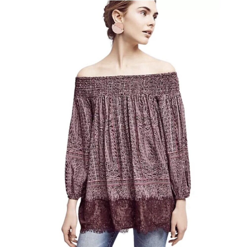 NWT anthropologie vanessa virginia Small top Purple Augusta Lace Off Shoulder